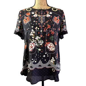 Piccione Piccione Black Floral Short Sleeve 100% Silk Blouse Top Sz 8/44 Italy